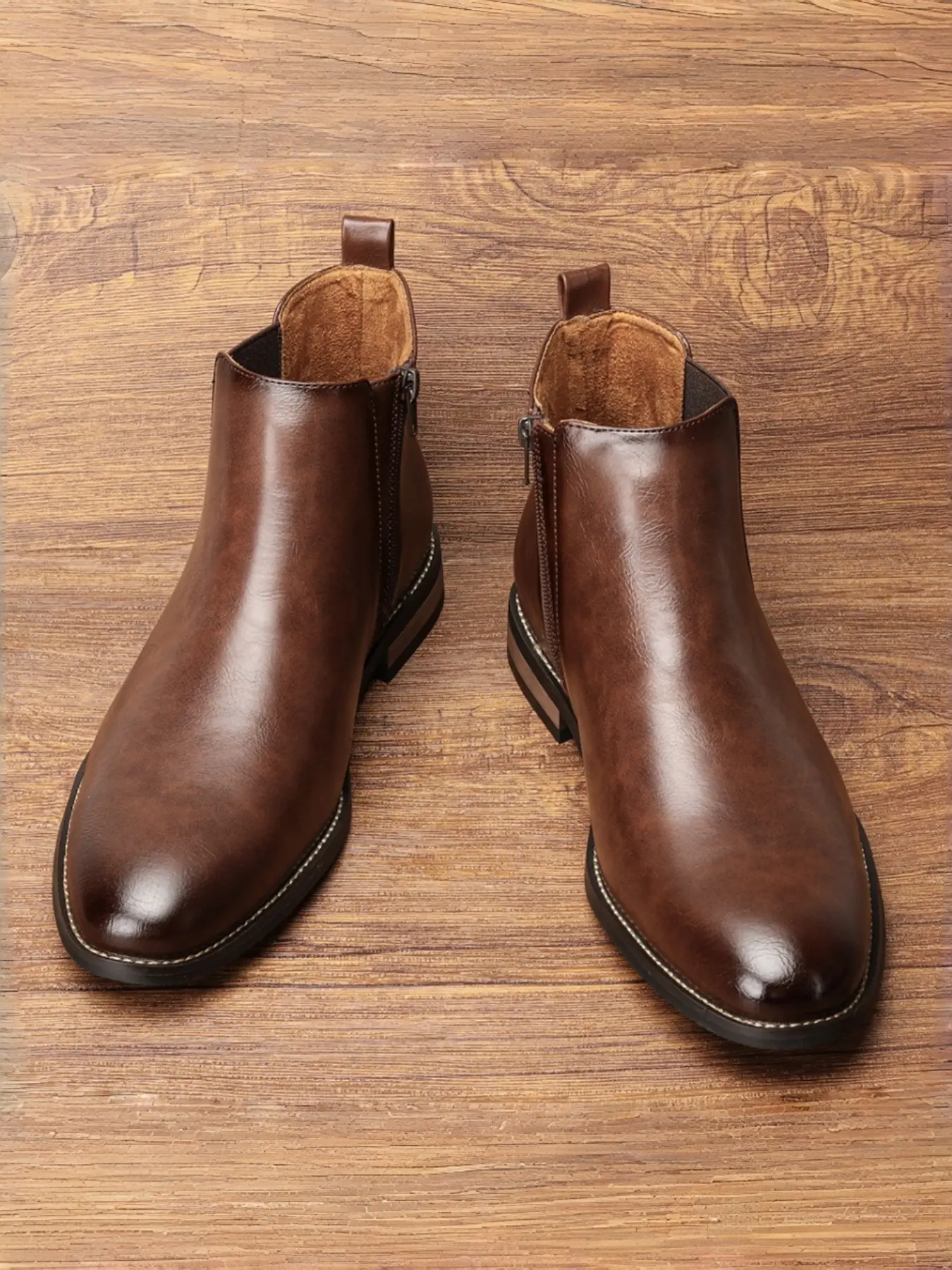 Chelsea Short Boots, Simple Fashion Style, Elastic Fabric, Metal Zipper, Thick Sole, Low Heel, All Seasons, Medium Width, PU Leather Upper, Rubber