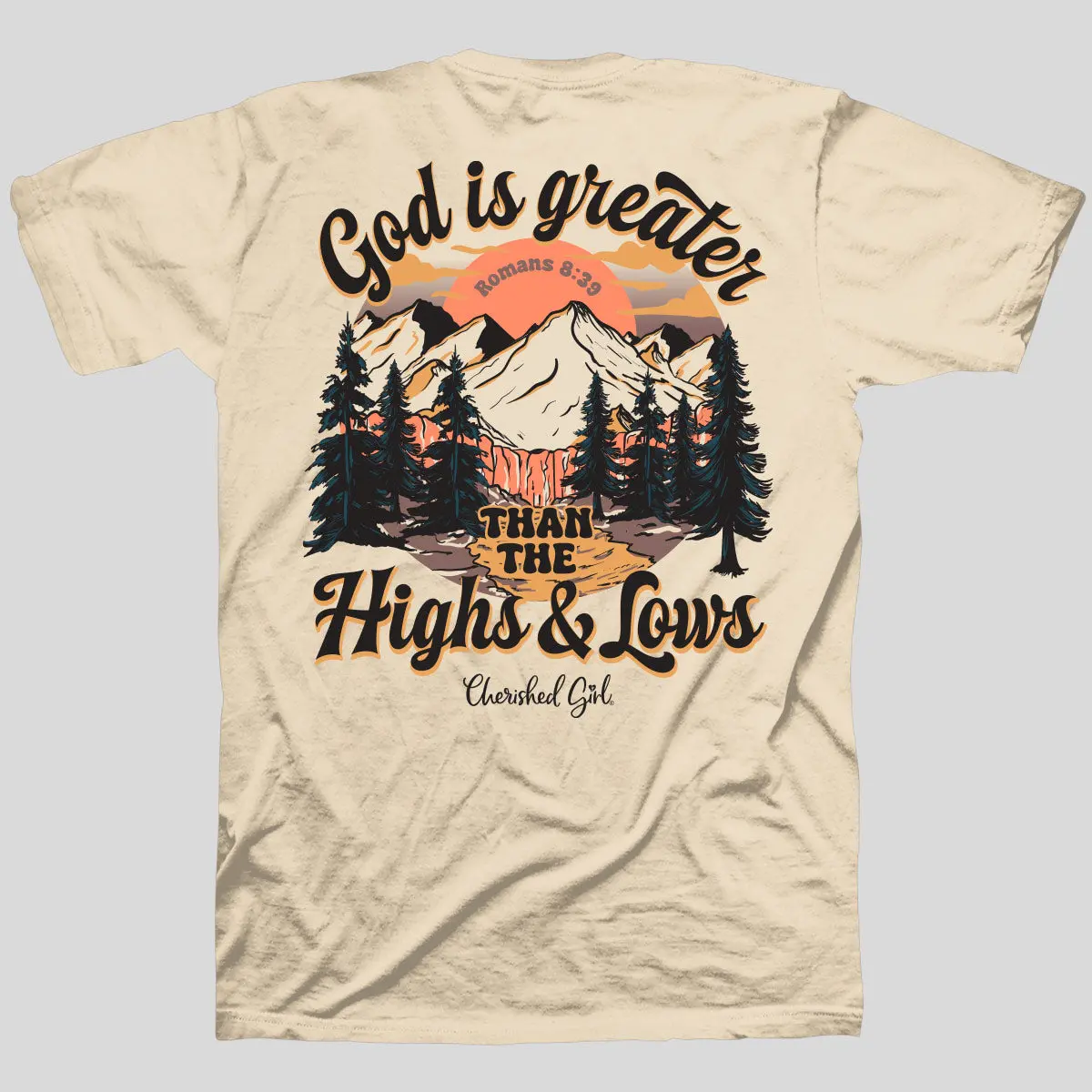Cherished Girl Women's Casual Soft Cotton Short-Sleeve Christian Clothing T-Shirt - Natural, Seamless, Love-Themed, Faith-Based, Scripture Text, Taped Shoulders, Double-Stitched, Round Neck, Faith Over Panic, God-Is-Greater Cue, Ideal for Bottom Pairing