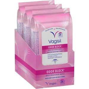 Vagisil Odor Block Daily Freshening Wipes for Feminine Hygiene in Resealable Pouch, Gynecologist Tested & Hypoallergenic, 20 Wipes (Pack of 3)