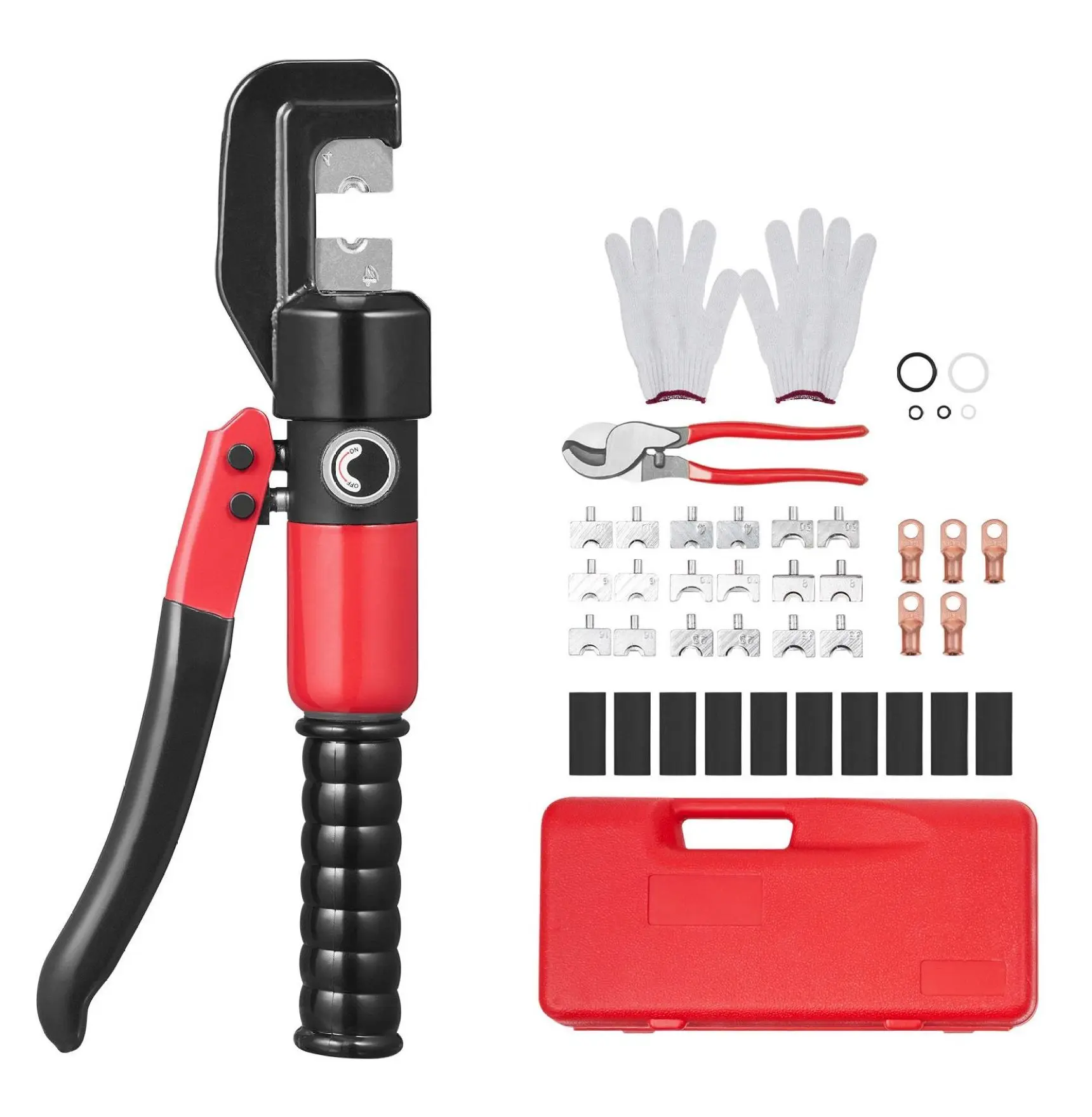 Hydraulic Crimping Tool 9 Dies AWG12-2/0, Cable Crimper Kit with Cutter, Gloves, Connectors & Sleeves AWG 12-2/0 (4-70mm²)
