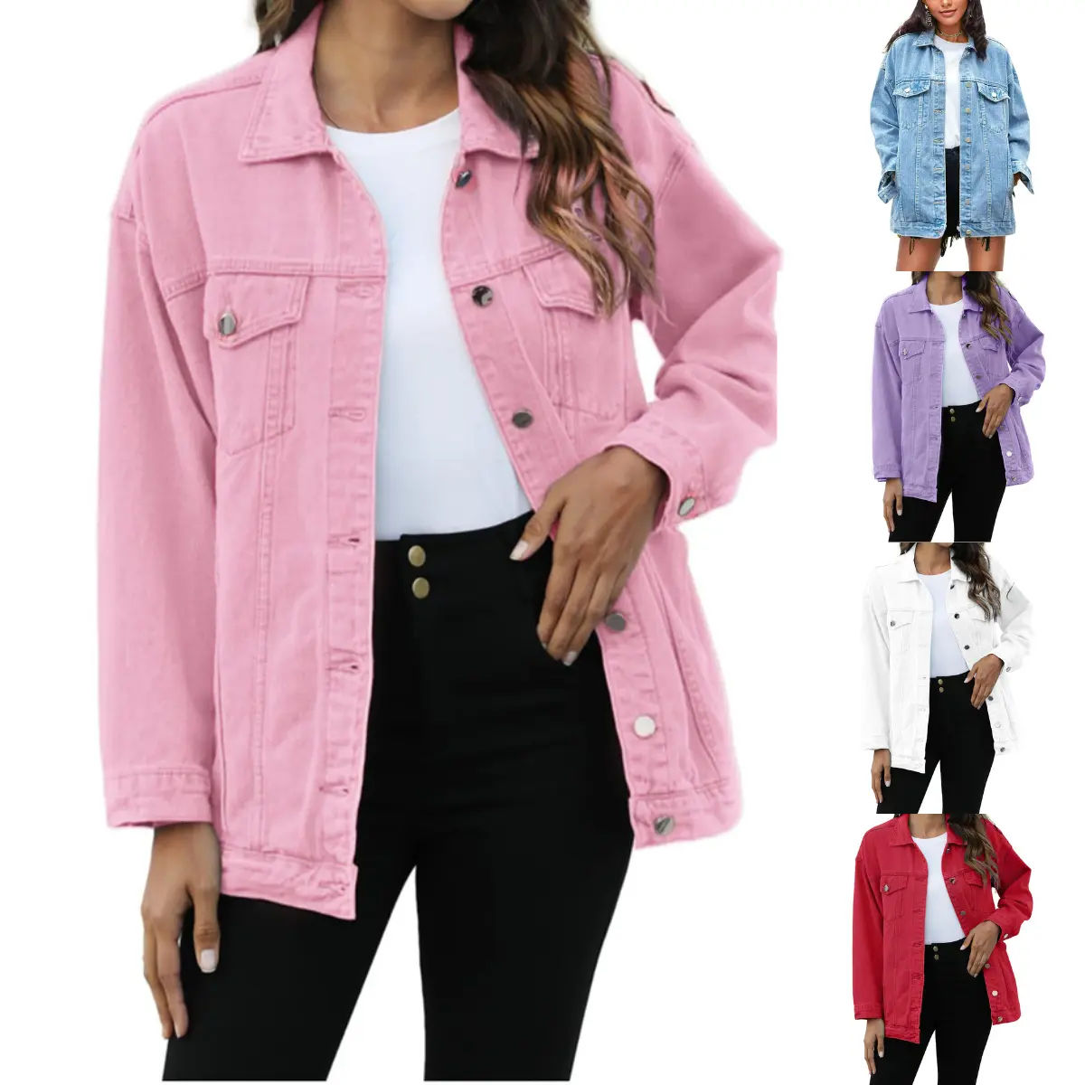 Kingapril Women's Loose Oversized Mid-Long Collared Long-Sleeve Button-Down Denim Biker Outerwear Shirt, Casual Tops with Flap Pockets