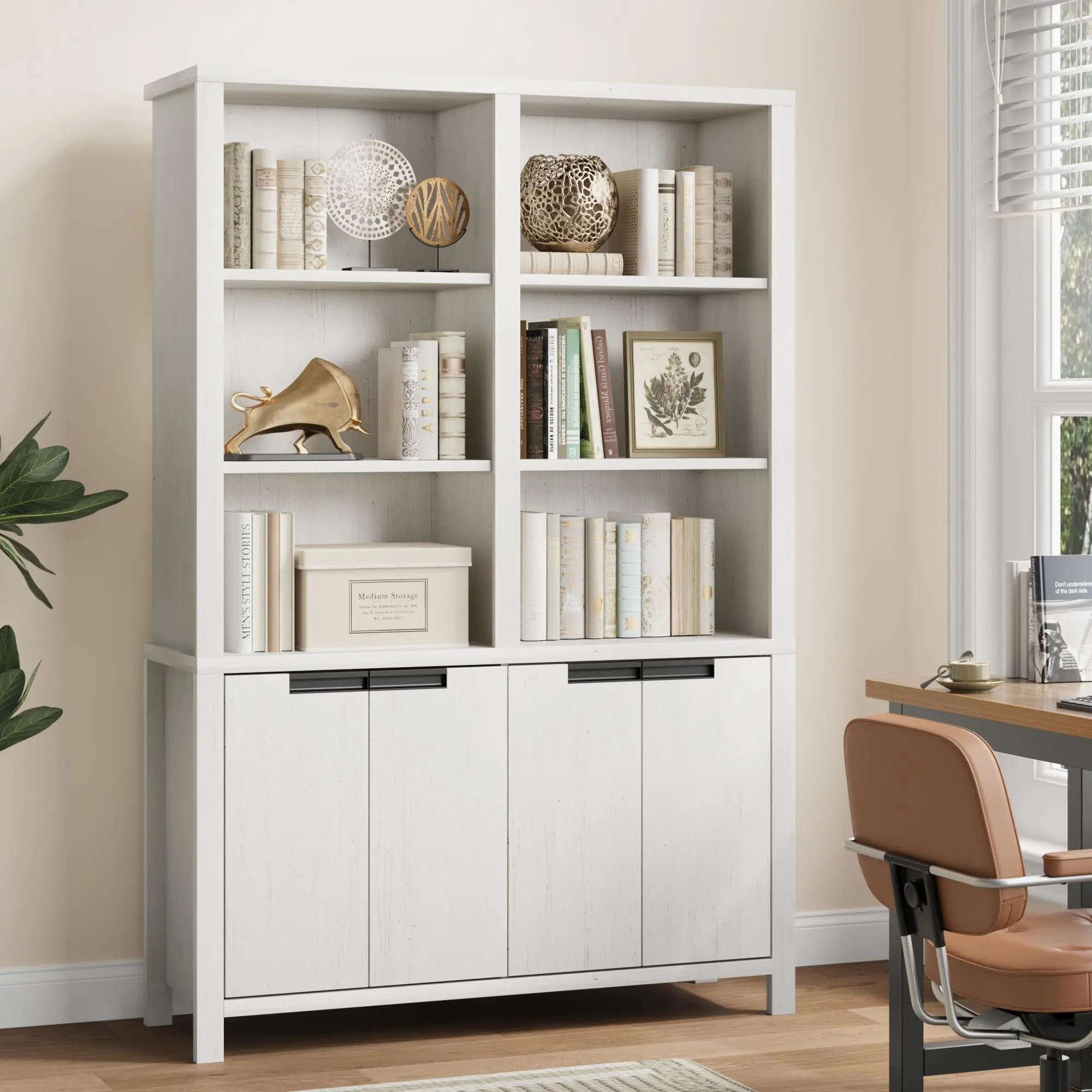 Garvee - Rustic 71-inch Bookshelf with Doors, Classic Bookshelf with Storage Cabinet and Adjustable Shelf, 5-Tier Retro Bookcase for Living Room, Library