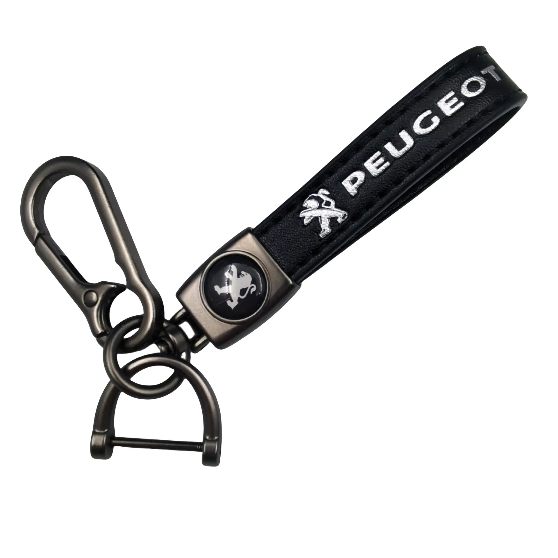 Genuine Leather Car Keychain for PEUGEOT，360° Swivel Key Holder with Detachable Clip and D-Ring, Keyring Lanyard Accessory, Gift for Men and Women