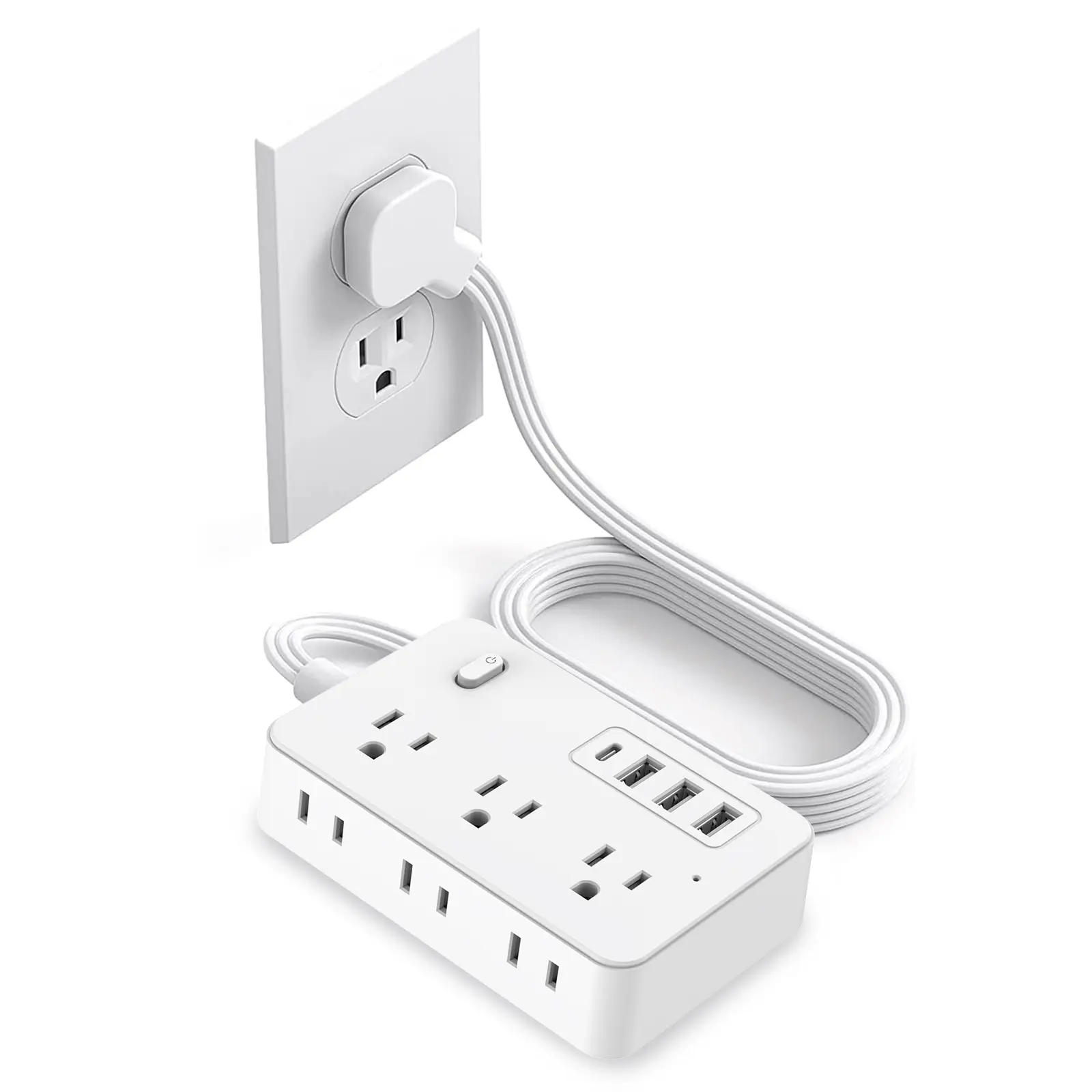 Surge Protector Power Strip, 5Ft Flat Plug Extension Cord with 4 USB Ports (1 USB C), 6 Widely Spaced Outlets, 3-Sided Outlet Extender, for Home Office Dorm Room Gaming