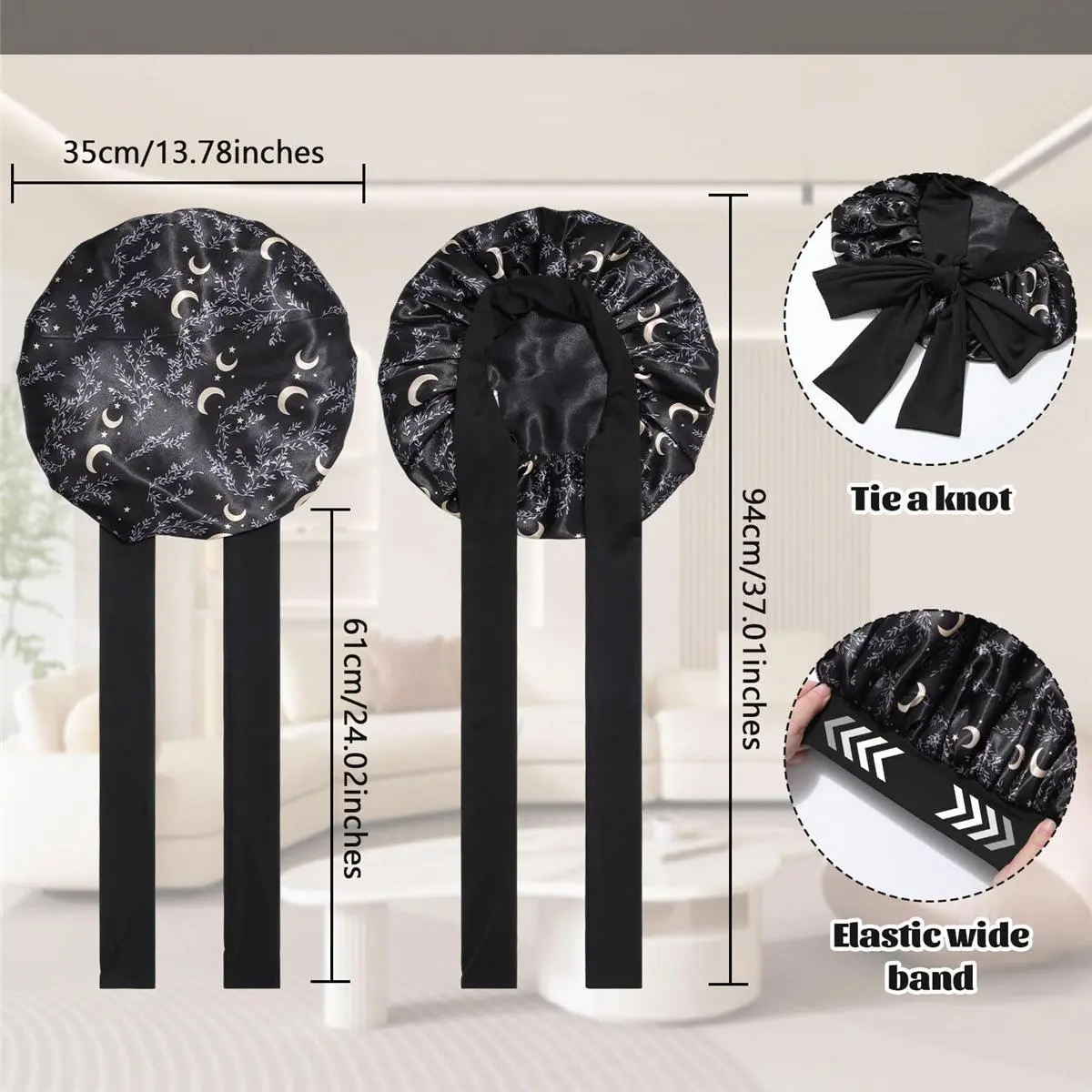 Double Layer Satin Bonnet for Sleeping - Silk Like Texture, Elastic Tie Band, Curly Hair Nightcap, Smooth Haircare, Reusable, 100% Polyester, 55cm Cap Circumference, 94cm Length, 35cm Width, 61cm Rope Length, 6.5cm Rope Width Double Layer Satin Bonnet for Sleeping - Silk Like Texture, Elastic Tie Band, Curly Hair Nightcap, Smooth Haircare, Reusable, 100% Polyester, 55cm Cap Circumference, 94cm Length, 35cm Width, 61cm Rope Length, 6.5cm Rope Width