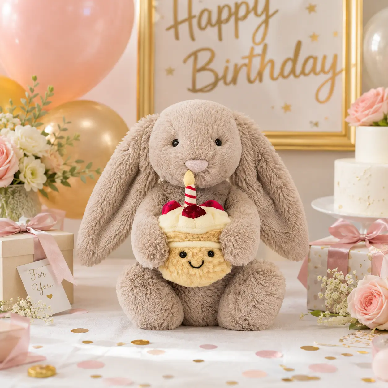 Jellycat Bunny Holding Birthday Cake Plush – Adorable Floppy Ear Stuffed Rabbit with Candle for Party Decor and Collectors
