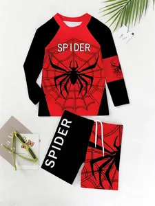 Boys Spider-Man Themed Swimsuit Set, Spider Slogan with Spider Web Print, Colorful Split Design for Beach and Pool Play, Rash Guard Swimsuits