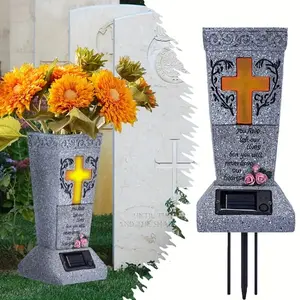 Solar Cemetery Grave Vase with LED for Fresh/Artificial Flowers Headstones Vases with Spikes, Easter Decorations for the Cemetery, Gravestone Decor Memorial Gifts for Loss of Loved One