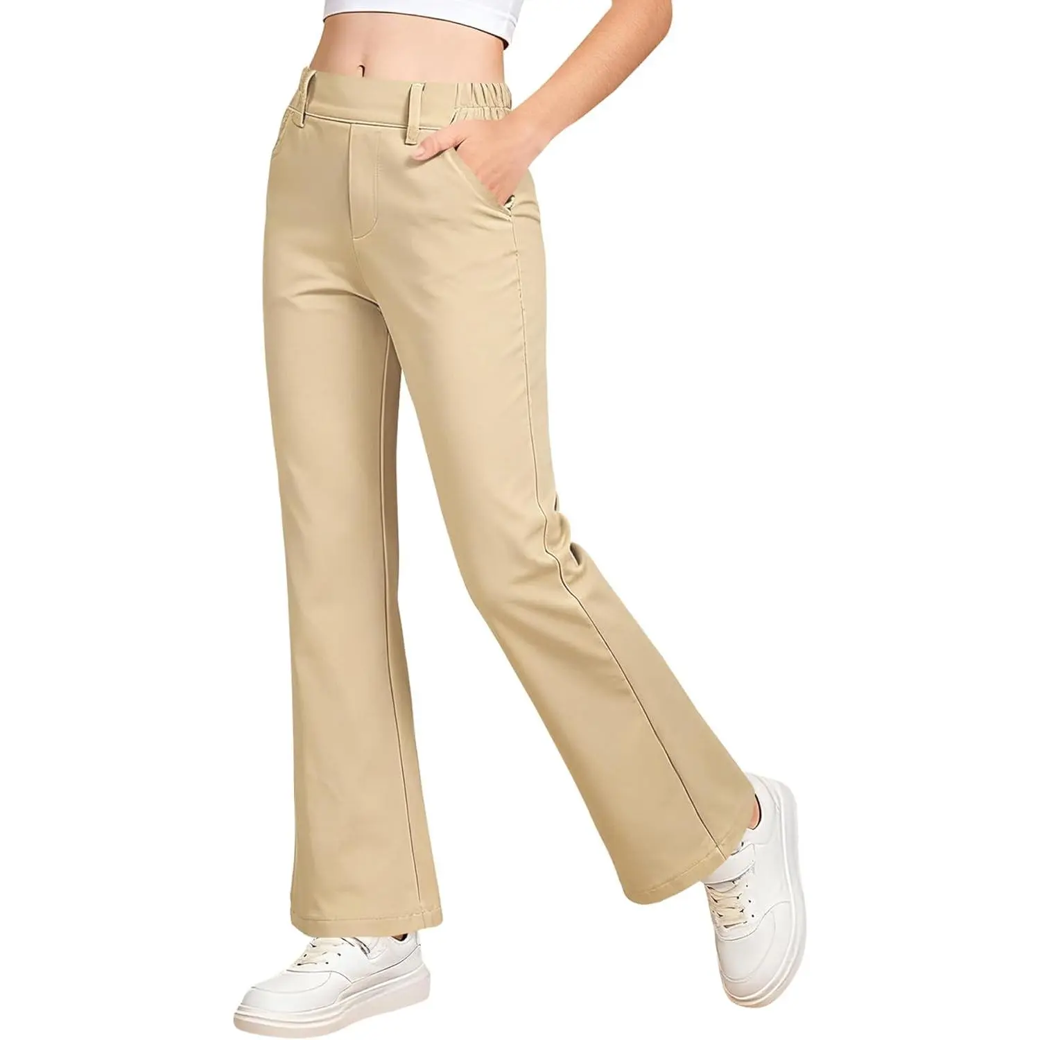 Girls' Flare Dress Pants, Elastic Waist School Uniform Bottoms with Flexible Stretch for Teens (4-15Y), Casual Wear Clothing