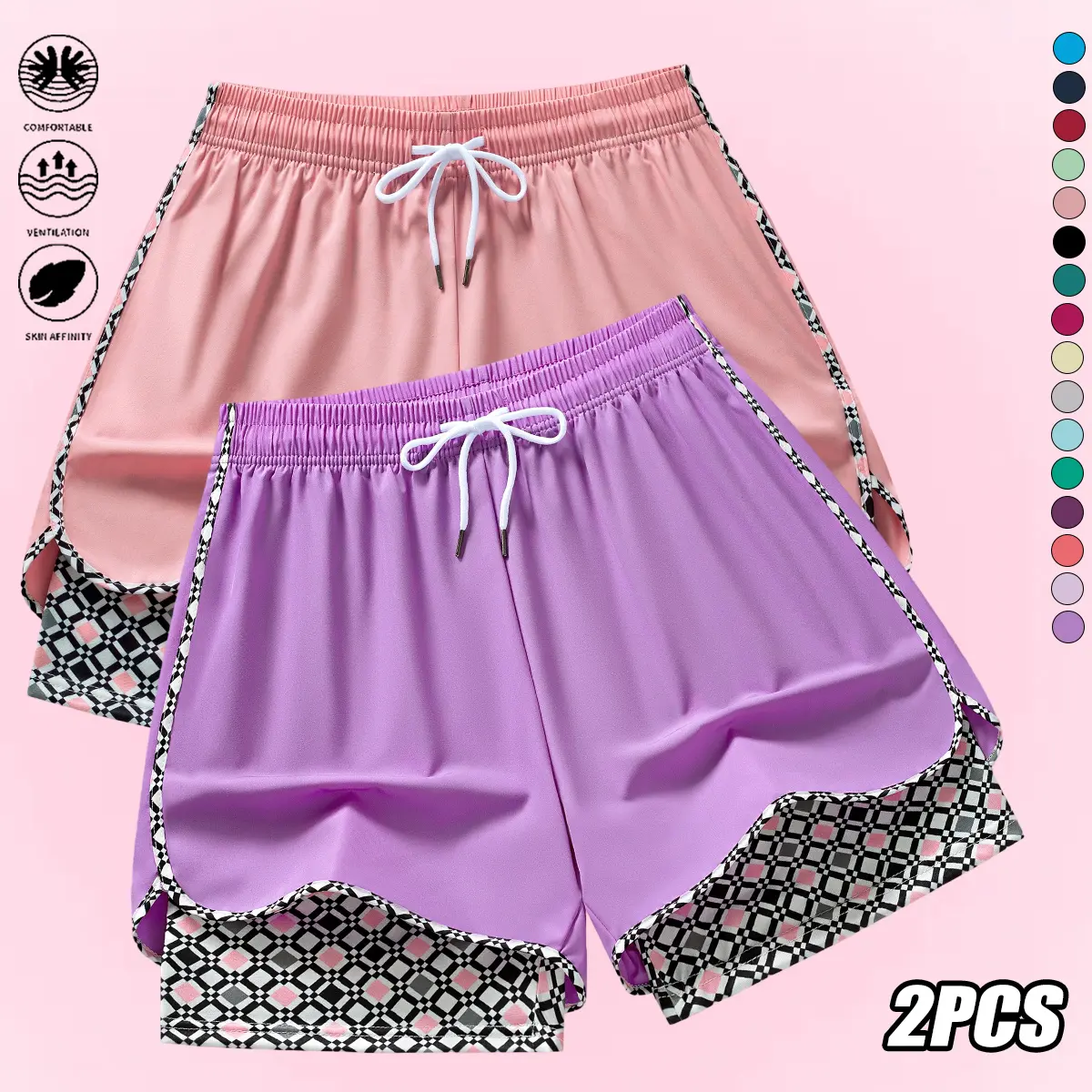 2-piece set, women’s athletic shorts with a faux two-piece design, featuring an elastic waistband and lining; suitable for outdoor workouts and everyday wear; women’s shorts, womenswear, summer shorts