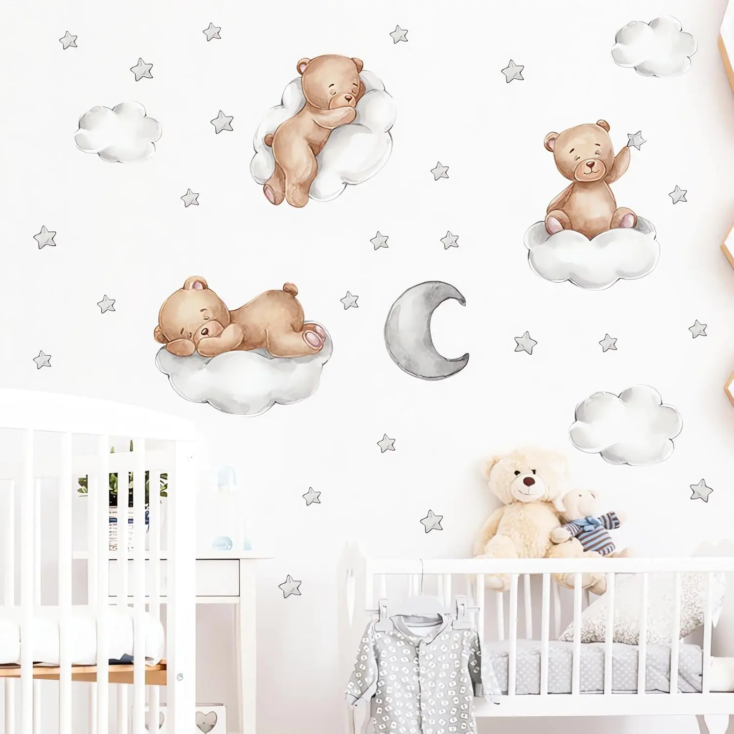Decorative Wall Stickers - Cute Brown Sleeping Bear Animal Design, 80 cm x 63 cm Modern Synthetic Removable Vinyl Peel-and-Stick DIY Art Decals with Moon, Stars for Bedroom, Study, Birthday Gifts (Toys & Hobbies, DIY Scrapbooking & Stamping)