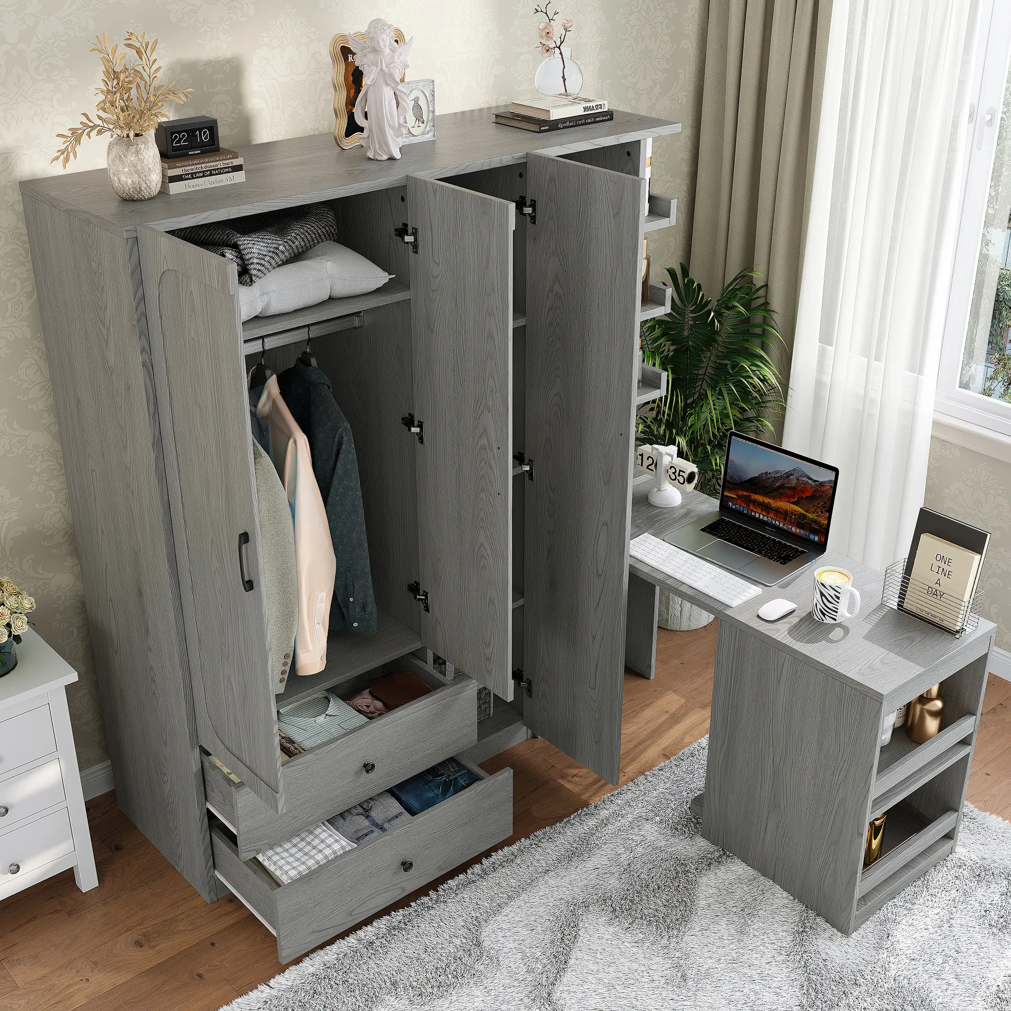 Multifunctional Wooden Wardrobe Closet with 2 Doors, Hanging Rod, Convertible Desk, Storage Drawers, Multi-Storage Spaces, Gray Armoire for Bedroom, Cloak Room, Laundry Room, Home Organization Furniture, Home Furniture and Household Product