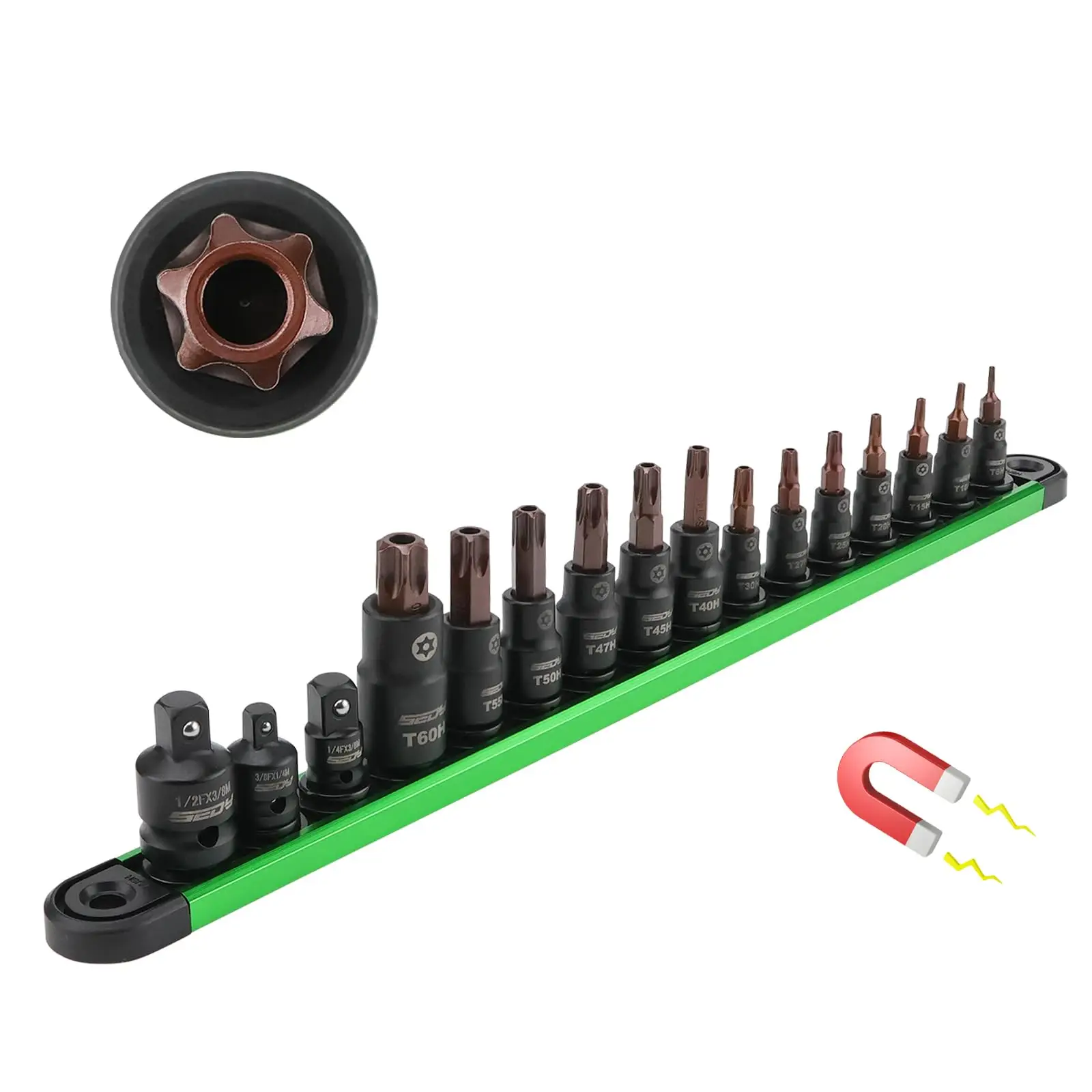 Torx Star Bit Socket Set: 16-Piece Tamper Proof Torx Bit Socket Set with Magnetic Socket Rail Organizer 1/4,3/8,1/2-Inch Drive T8-T60 Torque Torx Bit