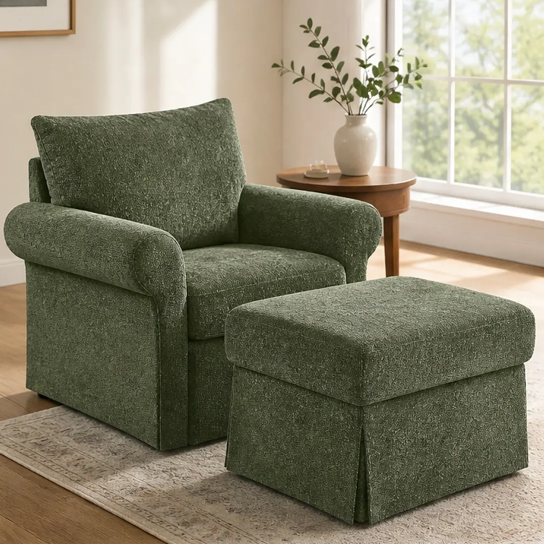 37.5in Chenille Fabric Armchair with Movable Ottoman Set, Plush Upholstered 1-Seat Piece with Curved Arms & Footrest, Breathable Ergonomic Reading Chair for Living Room, Assembly Required, Green, Comfy Couch, Contemporary