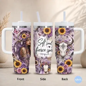 Gentle Soul Boho Floral & Skull Vacuum Flasks 40oz Stainless Steel Tumbler with Handle & Straw – Vacuum Insulated Travel Mug, Keeps Drinks Cold Up to 34H, Leak-Resistant Cup for Iced Coffee, Water, Gym, Office & Travel