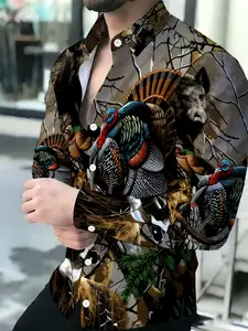 Men's Hunting Camouflage Turkey Wild Boar Deer Print Casual Breathable Design Lapel Long Sleeve Cardigan