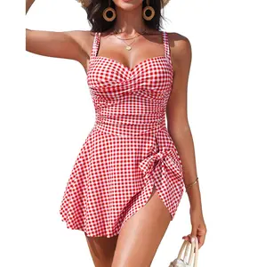 Blooming Jelly Womens Gingham One Piece  Swim Dress Tummy Control Swimsuits Modest Bathing Suit Full Coverage Swim Skirt