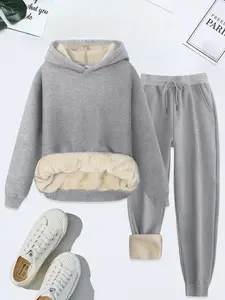 Women's Casual Sporty Hoodie Set, Thick Fleece Lined Pullover & Sweatpants, Fashionable Comfortable for Daily Wear