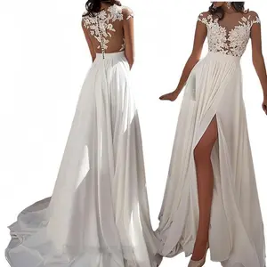 2025 Western Women Sexy Lace High Slit Bridal Wedding Evening Gown Dress