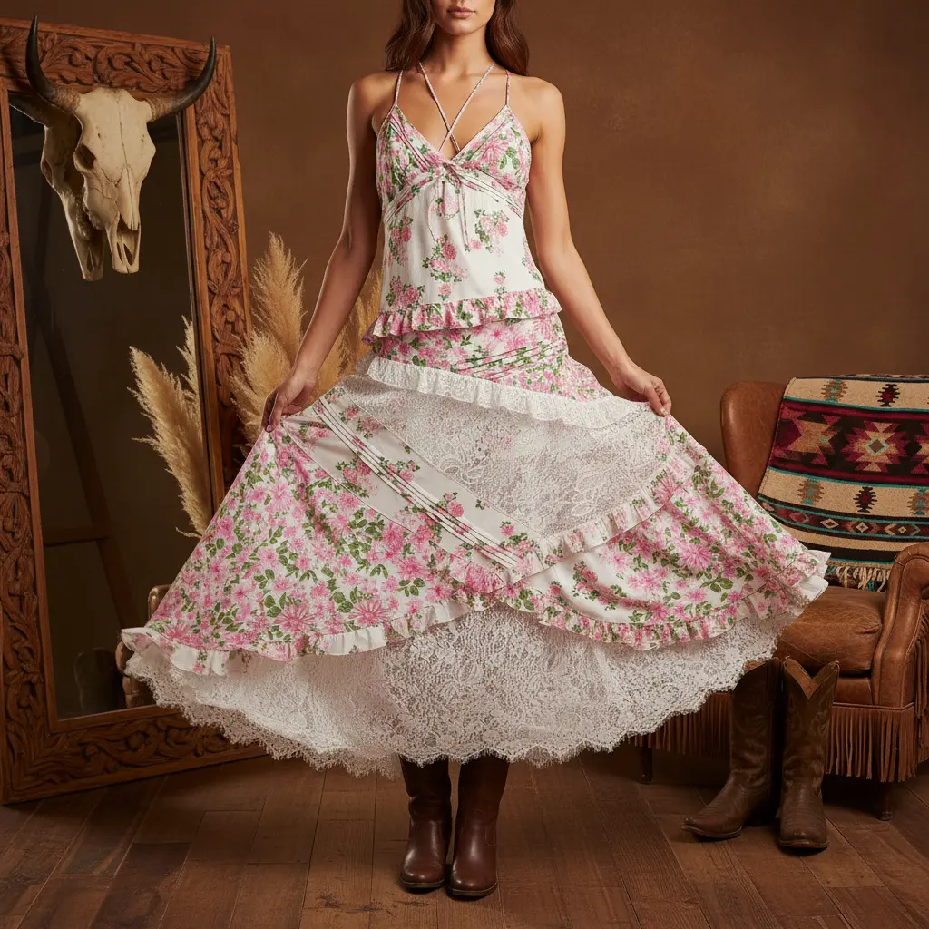 Stylish Women's Floral Maxi Dress, Spaghetti Strap V Neck Backless Lace Ruffle Tiered Long Dresses for Summer Beach Wedding Cocktail Party Cute Fashion, Classic Comfortable Stretchy Relaxed Lightweight Breathable Soft