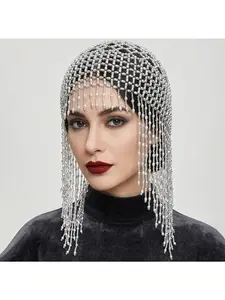 European and American retro beaded tassel hair chain hand-woven mesh hair cap bridal gown lace decorative hairnet