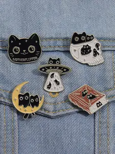 Cute Cartoon Cat Book Moon Space Station Design Brooch (5pcs), Enameled Pin Jewelry for Party, Daily Clothing Decor, Trendy All-match & Exquisite Brooches for Birthday Gift, Halloween, Alloy Brooch Pin, Enamel Lapel Pins