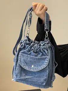 Simple retro distressed one-shoulder crossbody denim bag, Casual crossbody bags, Casual handbag satchel, drawstring design adjustable shoulder strap, casual and versatile, multiple colors available, practical denim bag for daily travel