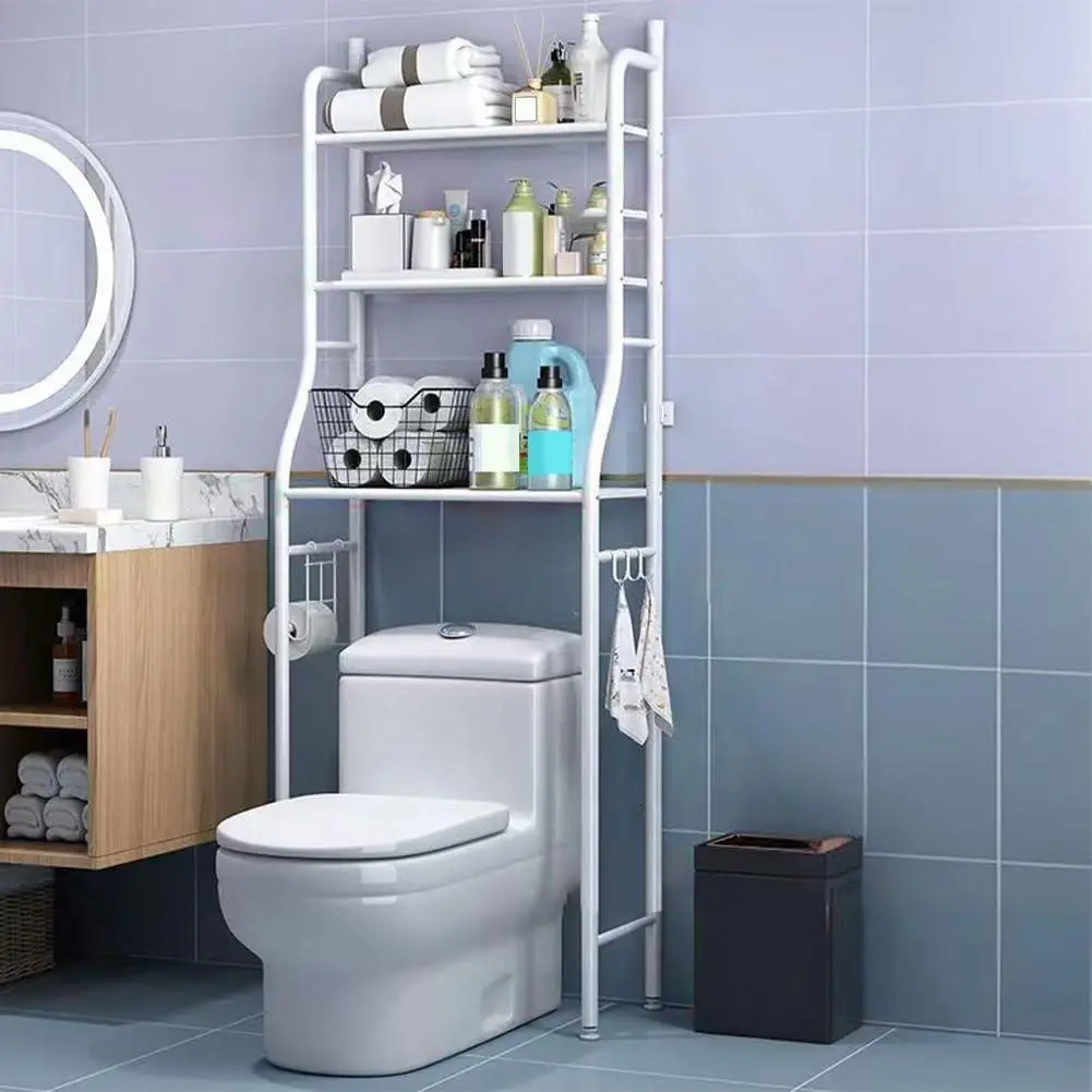 3-Tier Over The Toilet Storage Shelf, White Iron Bathroom Organizer with 2 Removable Hooks & Stability Protection, Freestanding Cabinet for Restroom,home decor,camping essentials