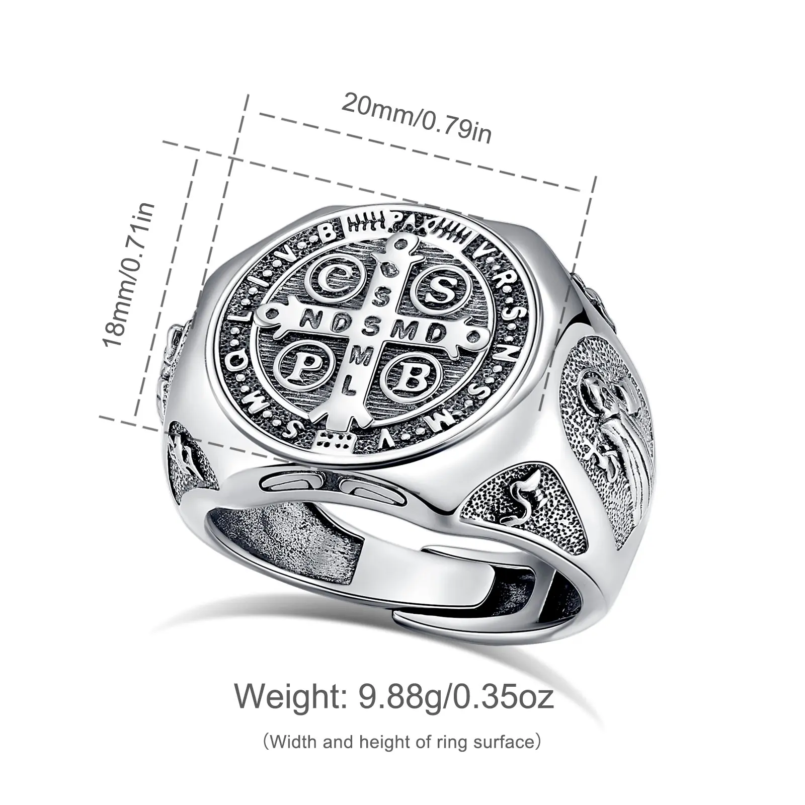Eudora S925 Sliver Vintage Saint Benedict Ring, Adjustable St.Benedict Open Ring, Unisex Band with Benedictine Cross & Latin Inscriptions, Christian Jewelry Gift Eudora S925 Sliver Vintage Saint Benedict Ring, Adjustable St.Benedict Open Ring, Unisex Band with Benedictine Cross & Latin Inscriptions, Christian Jewelry Gift