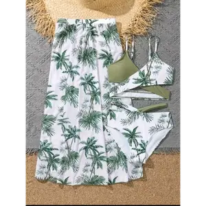 Girls Swimsuit 3pcs Bathing Suit Kids V Neck Criss Cross Tropical Floral Swimwear Bikini Set with Quick Dry Cover Up Pants Swimming Costume for 8-1