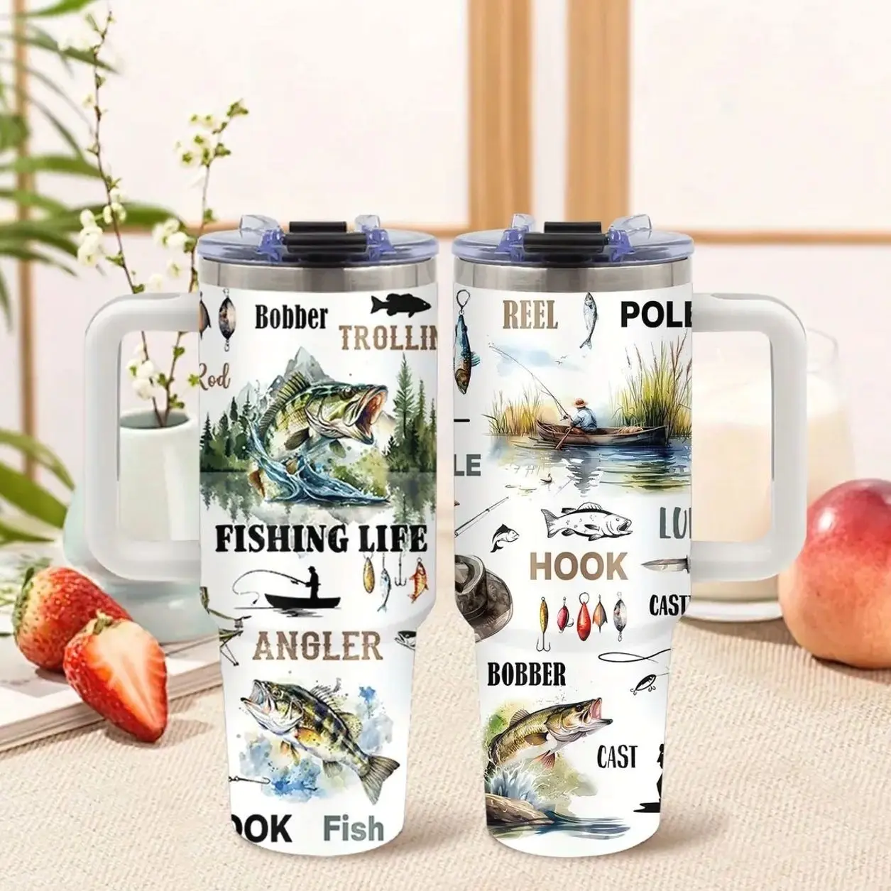 1-Pack 40oz Stainless Steel Fishing Tumbler with Handle, Lid & Straw - BPA-Free, Leak-Proof, Fish Design with Lures & Hooks - Car & Home Use, Father’s Day/Birthday Gifts for Men, Fishing Enthusiasts