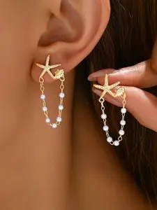 Summer Vacation Beach Sweet Star Shell Design Drop Earrings, Elegant Faux Pearl Studs, Versatile Jewelry for All Seasons
