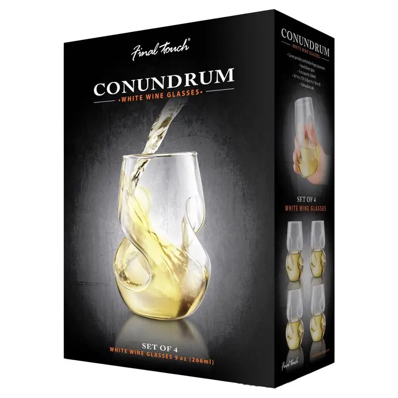 Final Touch 6082550 9 oz Glass Conundrum White Wine Glass Set, Clear