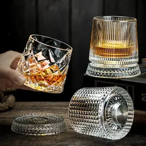 Spinning Rotatable Crystal Whiskey Glass | New Thickened Durable Lead Free Clear Tumbler | Fashionable Aesthetic All Purpose Drinkware for Whisky Rum Cocktails Coffee Milk | Home Bar Pub Use | Birthday Groomsmen Gift for Men