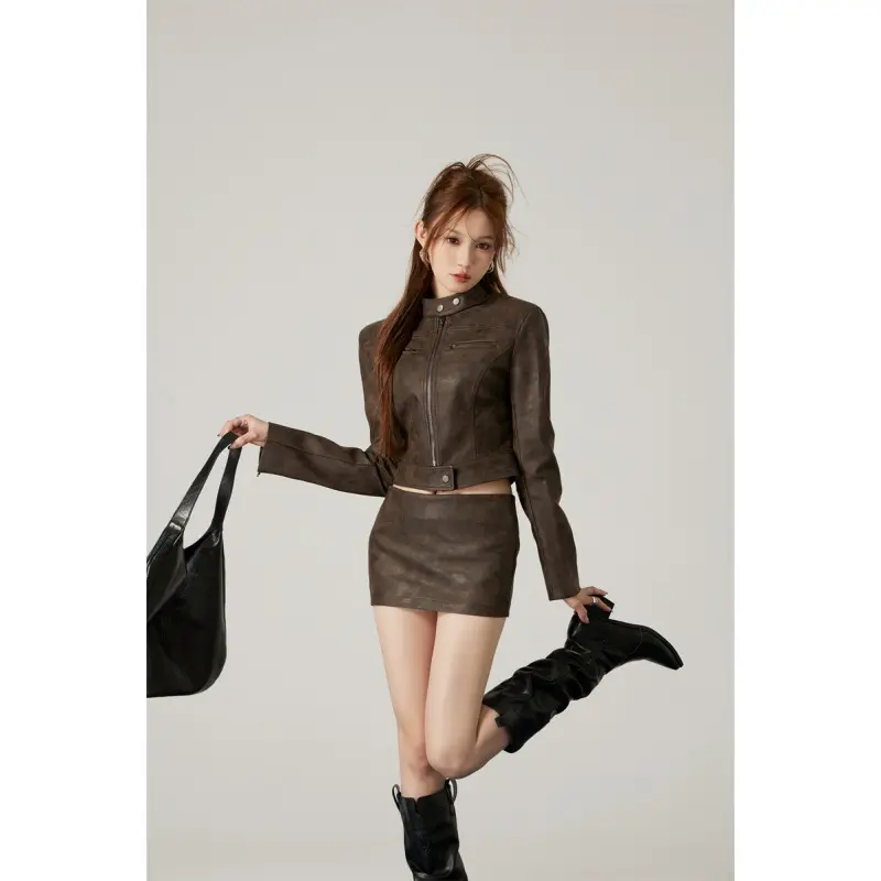 Punk Girl Slim Short Leather Jacket Low Waist Wrap Hip Skirt Short Skirt Set