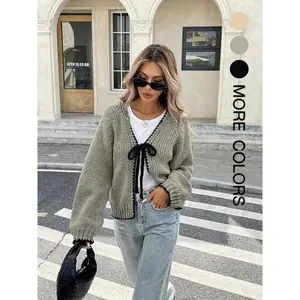 New Contrast Color Knitted Cardigan with Self-Tie Long Sleeves, Stylish Casual Knit Sweater Jacket for Women, Unique Design for Everyday Looks