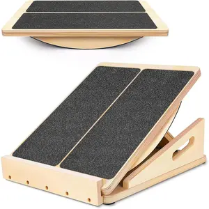 2-in-1 Professional Wooden Balance Board & Slant Board, Four Adjustable Incline Board and Calf Stretcher, Stretch Board for Knees Ankle Heel Feet Leg Foldable Fitness Equipment Multifunctional Workout Station