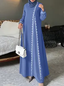 Women's Casual Loose-Fit Long Lace, Round Neck Floral Pattern, Woven Fabric, All Season Wear, Fashionable Ladies Clothing, Muslim Women Gowns