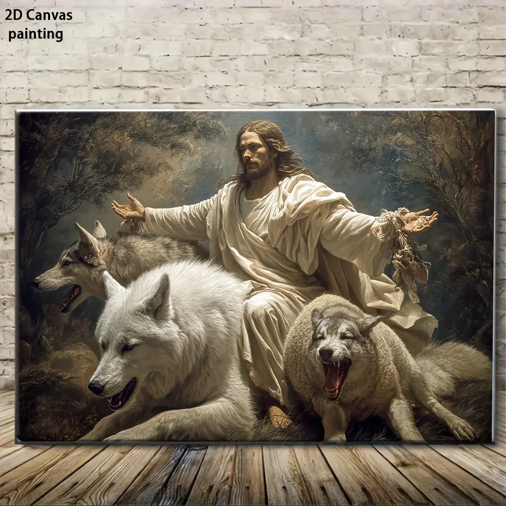 1-Piece Glossy White Wolf Skin 2D Flat Canvas Print Wall Art - Wooden Frame, Ready-to-Hang Artistic Decorative Religious Vintage American Style Spiritual Home Decor, Christian Gift for Living Room, New Home