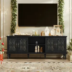 [SummerVibes] HLR 75 Inch TV Stand Entertainment Center, Carved Wood Media Console with Storage Cabinets, Antique Brass Handles, Farmhouse Vintage Style, for Living Room Bedroom Apartment, Ideal for Families, Large Storage, Sturdy & Easy to Clean tik