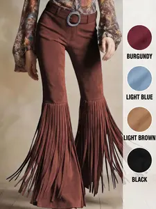 Women's Elegant Retro Textured Suede Style Bootcut Pants Slim Leg Fit, Long Fringed Hem Country Music Festival Daywear Cowgirl Style Bottom