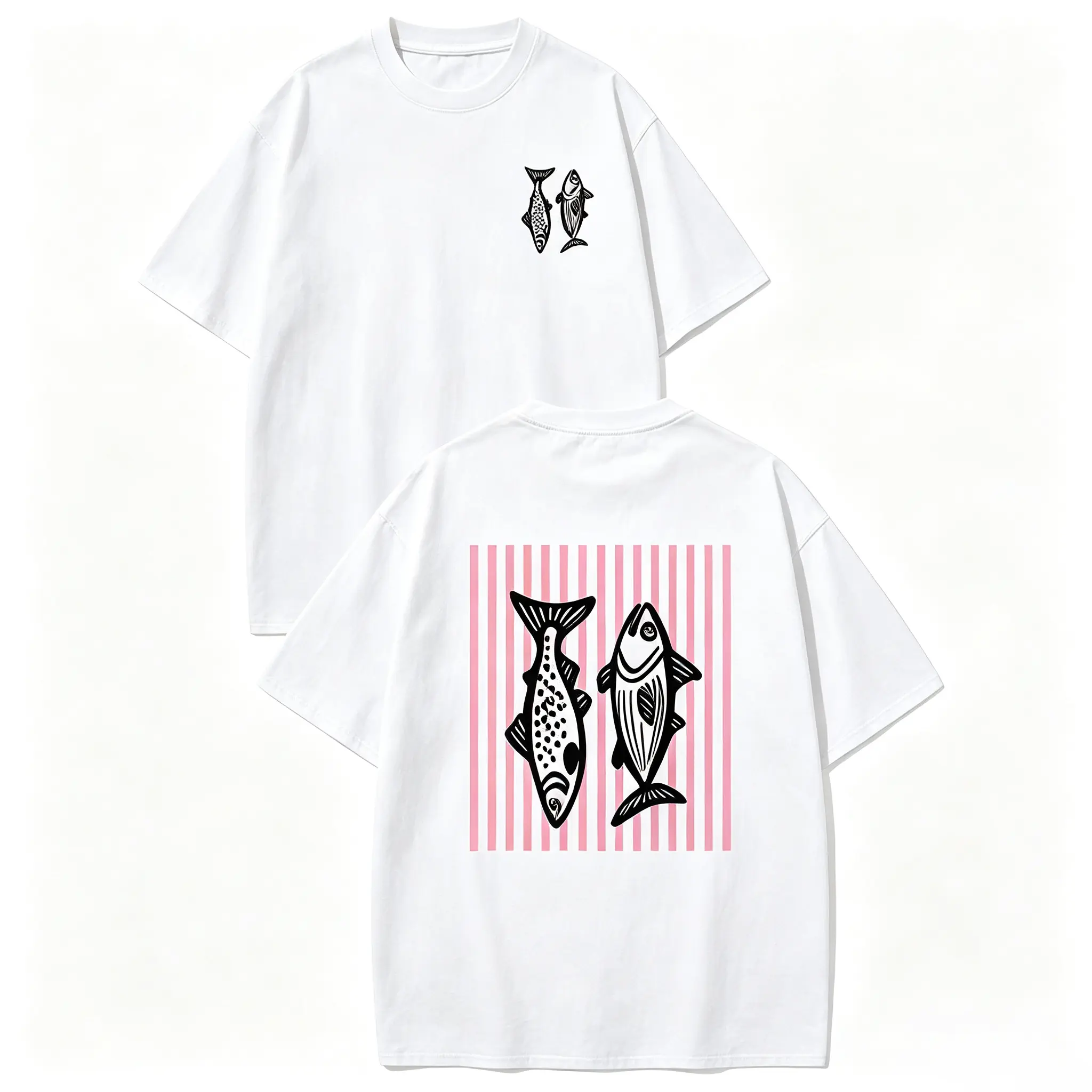 Holafish Men's Heavyweight Cotton Crewneck T-Shirt - Retro Acid Wash Pink Striped, Dual Side Fish Graphic Printed, Unisex Streetwear Summer Casual Top