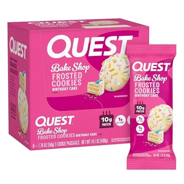 Quest Nutrition Frosted Protein Cookies, Birthday Cake Flavored, 16 Cookies | 10g Protein Per Serving, 1g Sugar, 1g Net Carbs, Gluten Free, Protein Snack, 8 Individual Packs With 2 Cookies Each