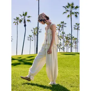 Cider Textured Mid Rise Lace Panel Ruffle Drawstring Bloomer Trousers