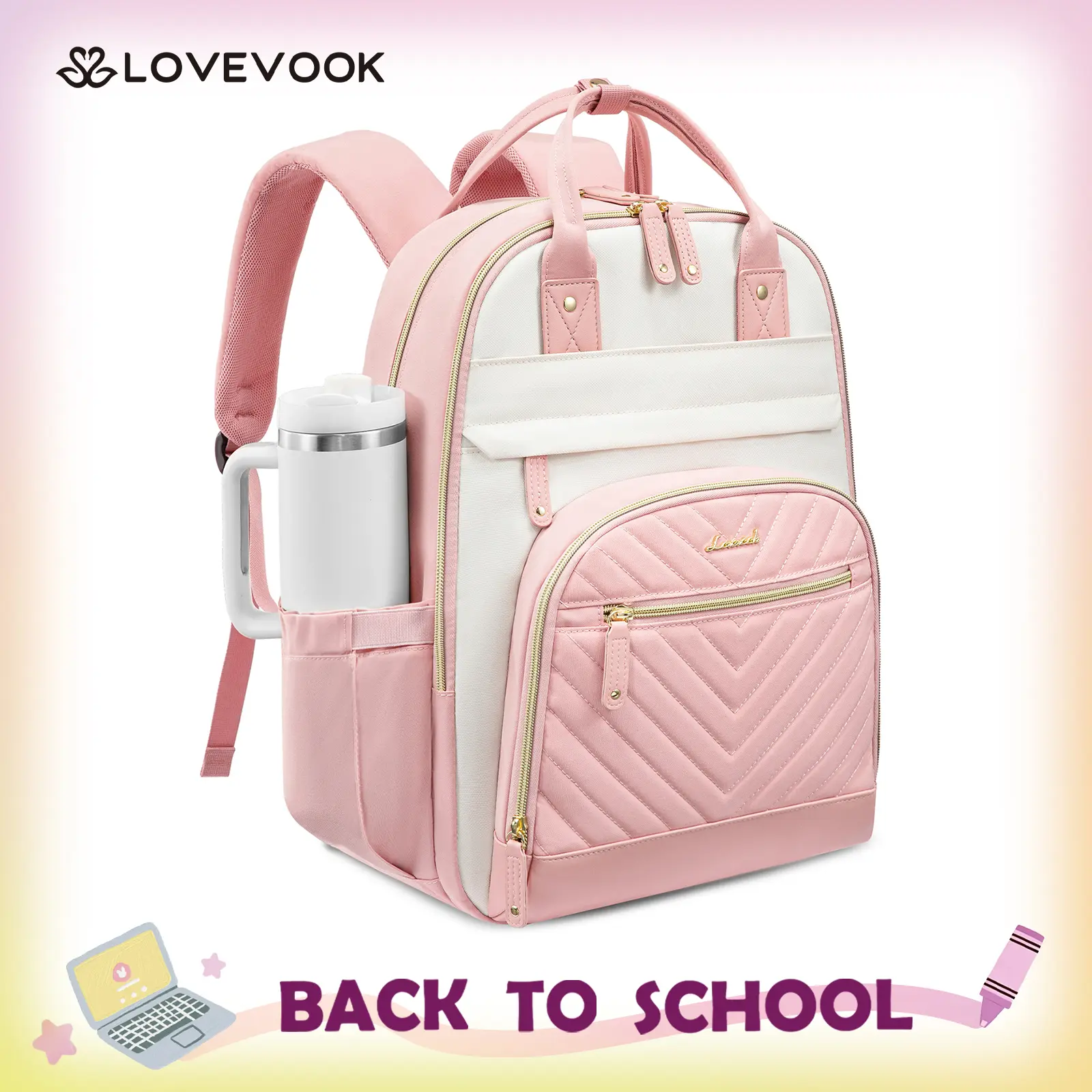LOVEVOOK 15.6"&17"& 18" Laptop Backpack as Personal Item Flight Approved,with Giant Tumbler Holder Pocket,High-capacity Student Bookbag,Multiple Compartments and Waterproof,Perfect Choice for Teachers, Nurses, Travel enthusiasts, and Professiona Women
