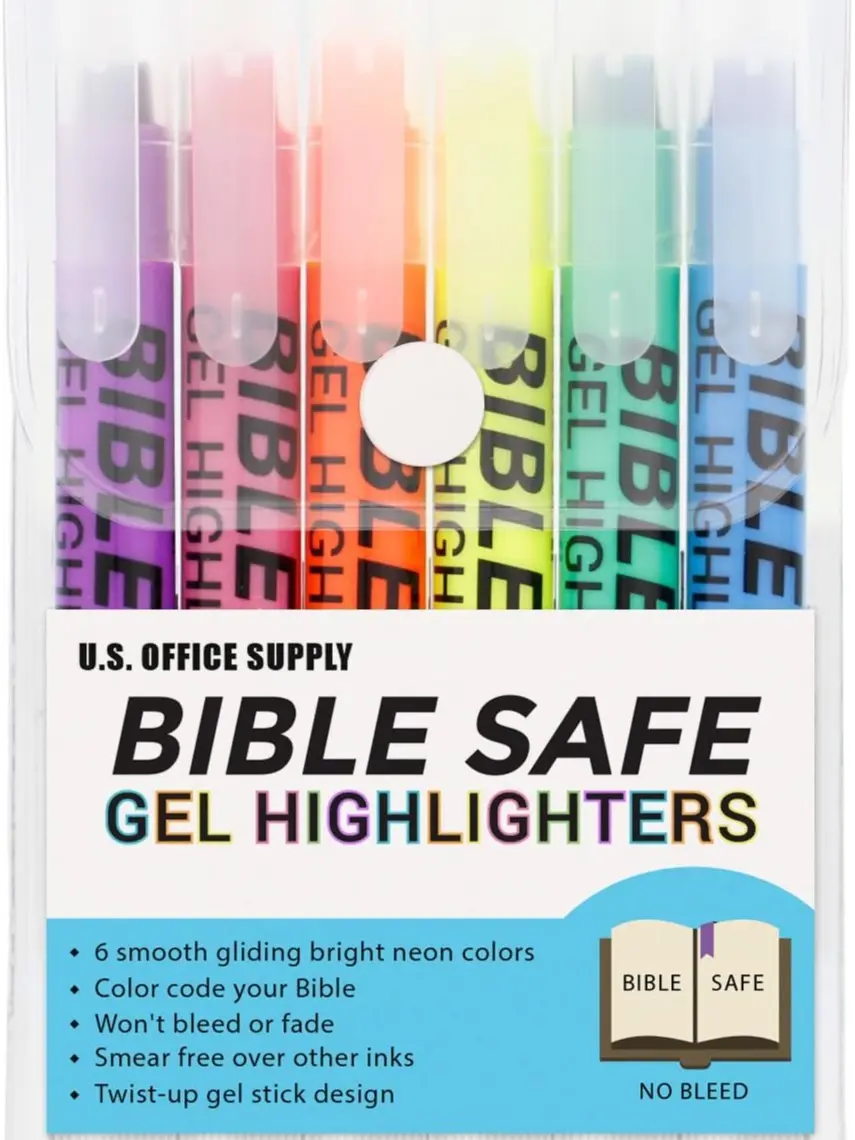 U.S. Office Supply Bible Safe Gel Highlighters 6-Pack Colored Markers Set - 6 Bright Neon Fluorescent Colors (Yellow, Blue), Office Stationery for Documents