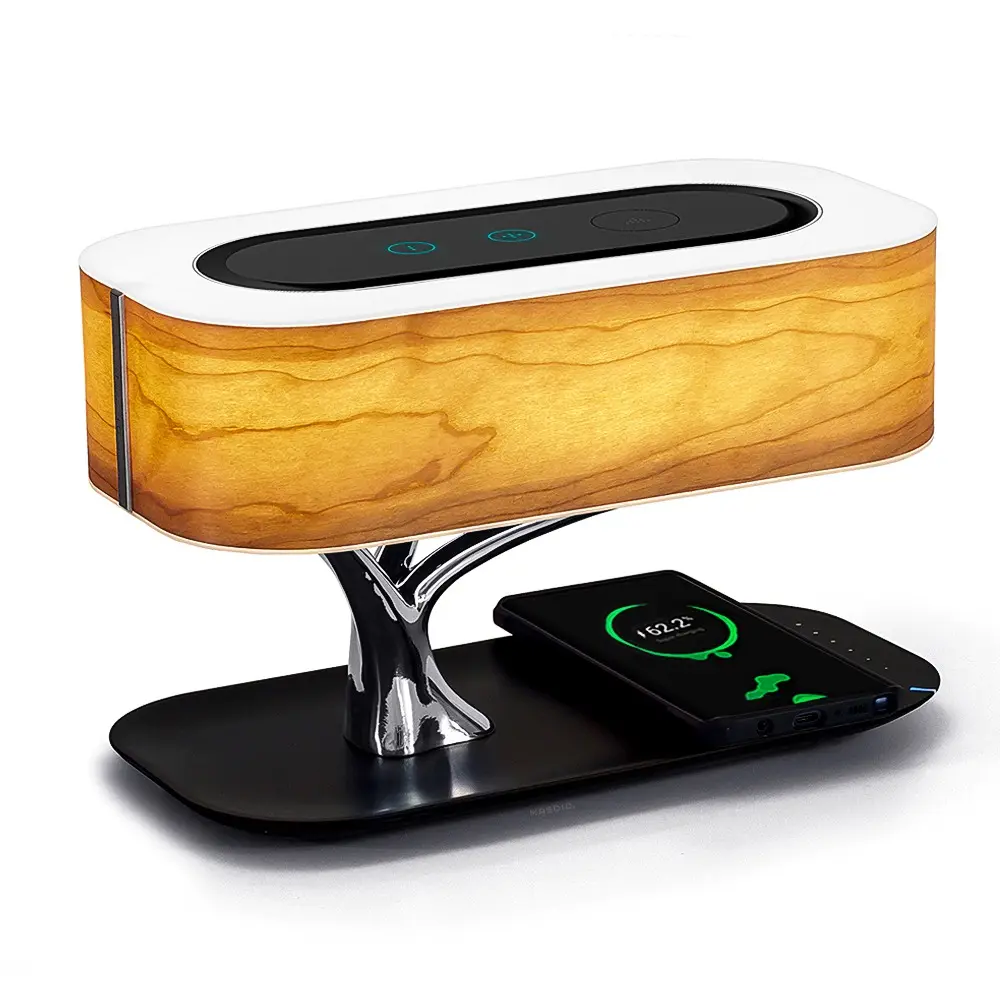 Bedside Lamp with Bluetooth Speaker and Wireless Charger, Table Lamp Desk Lamp with Sleep Mode Stepless Dimming Light Of Tree Cherry Wood Shade
