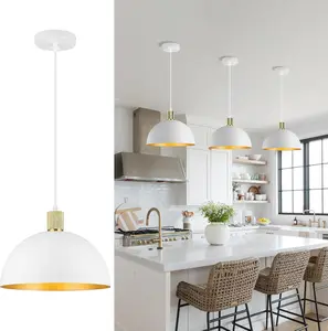 White Gold Pendant Lights Kitchen Island, 11.8" Modern Dome Farmhouse Hanging Lighting for Dining Room Hallway Entryway