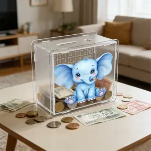 2026 New Acrylic Transparent Piggy Bank, Cute Elephant Design, Adorable Print Pattern, Suitable for Home Savings, Desk Decoration, Gift Ideas