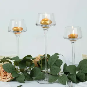 Set of 3 Glass Pedestal Vases Long Stem Clear - Tall Disc Candle Holders for Floral Centerpieces 8", 9", 10"